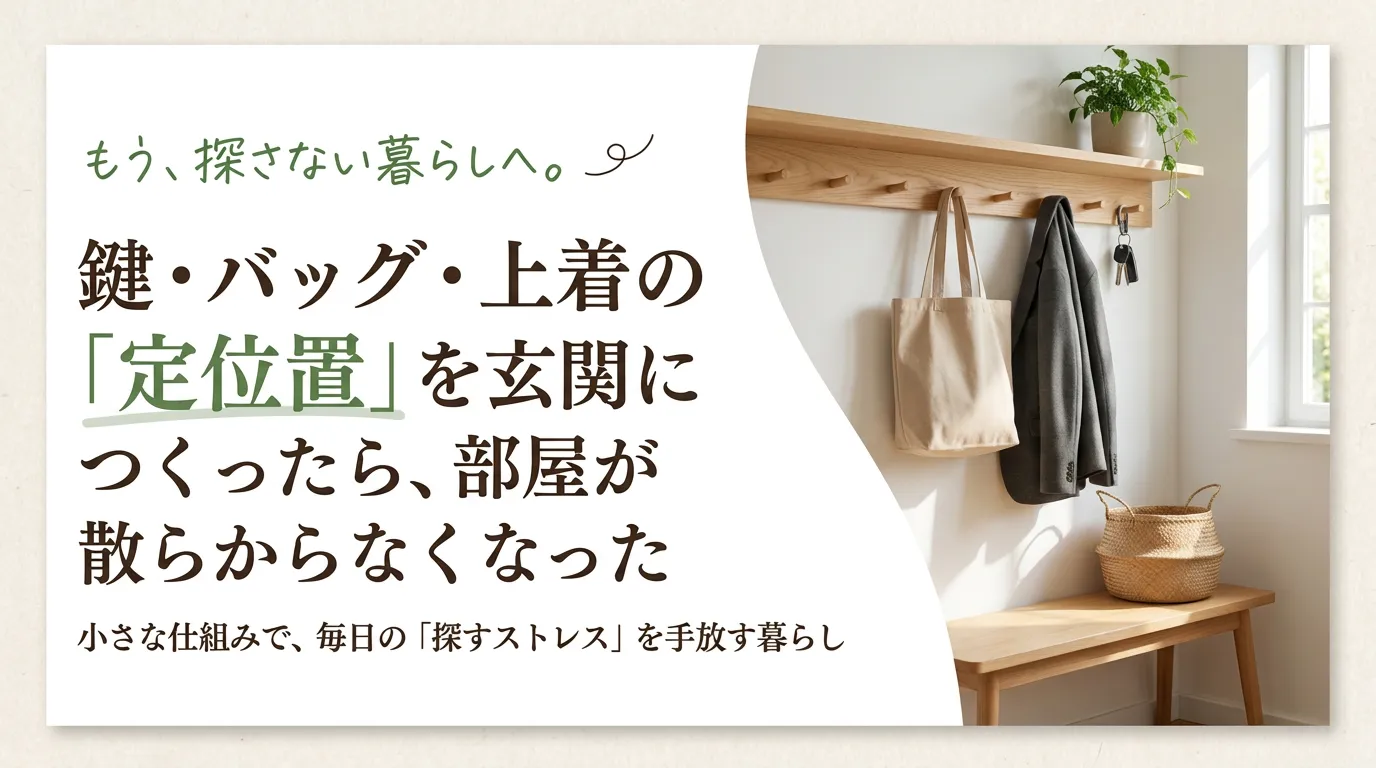 「鍵・バッグ・上着の定位置を玄関に」という記事タイトルと、木製の壁掛けフックにトートバッグと上着、鍵が掛けられた明るい玄関のイメージ